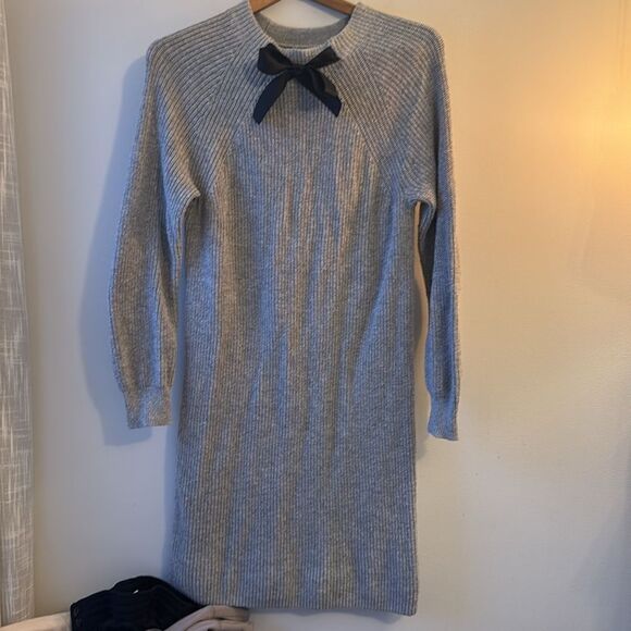 EUC J. Crew Knit Gray Long Sleeve Sweater Bow Detail Dress Small - Picture 6 of 7
